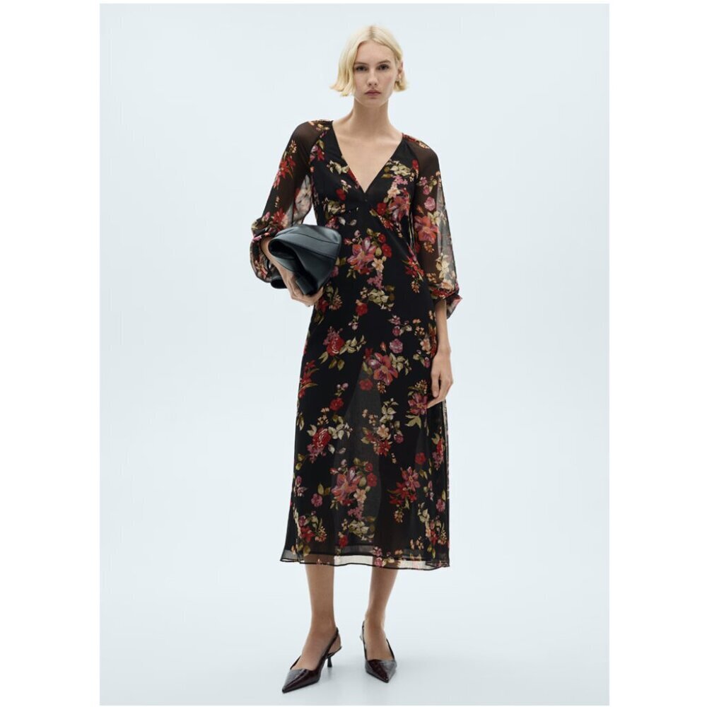 Mango Black Floral V-Neck Wrap Maxi Dress with Red and Pink Blooms